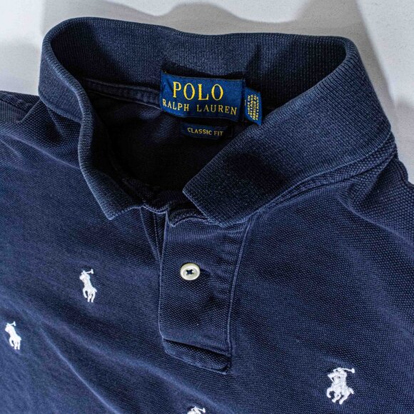 Polo Ralph Lauren AOP Embroidered Multi Pony Shirt Medium Y2K Faded Navy - Picture 8 of 10